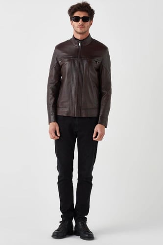 جاكيت جلد طبيعي للرجال لون بني من DERIZA - أصلي