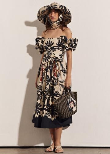 فستان ميدي نسائي منقوش بأوراق الشجر من Paros