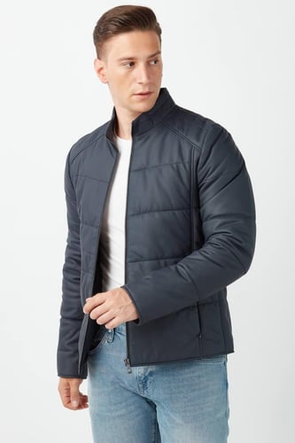 معطف منتفخ من الجلد الطبيعي باللون الأزرق الداكن ل...