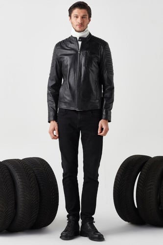 سترة سوداء من الجلد الطبيعي للرجال من DERIZA - أصل...