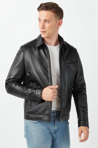 معطف جلد طبيعي أسود للرجال من DERIZA - أصلي