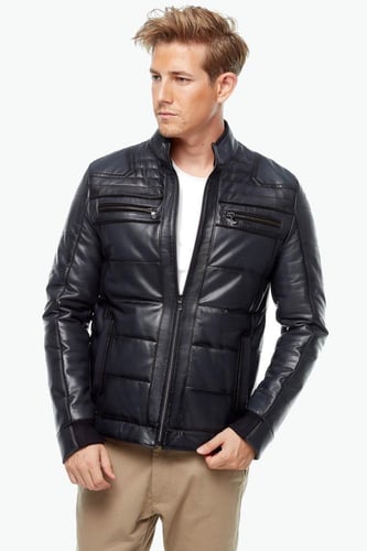 سترة أندينو الجلدية المصبوغة باللون الأزرق الداكن...