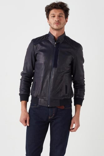 معطف رجالي من الجلد الطبيعي جامبو باللون الأزرق ال...