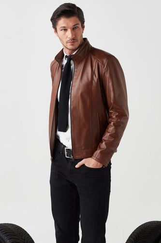 معطف Alp ذو وجهين من الجلد الطبيعي باللون البني ال...