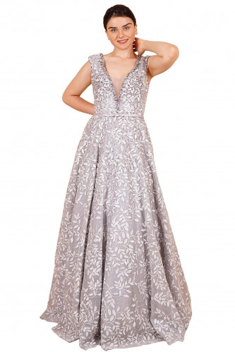 فستان سهرة بتصميم منقوش ومطرز بالأحجار SpringStore