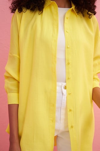 قميص نسائي بقماش قطني كبير الحجم لون أصفرمن Orfeon...