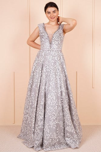 فستان سهرة بتصميم منقوش ومطرز بالأحجار SpringStore