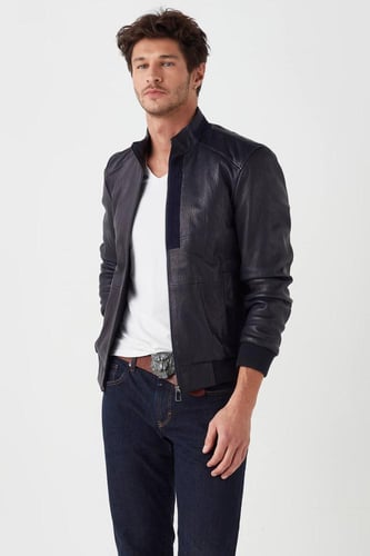 معطف رجالي من الجلد الطبيعي جامبو باللون الأزرق ال...