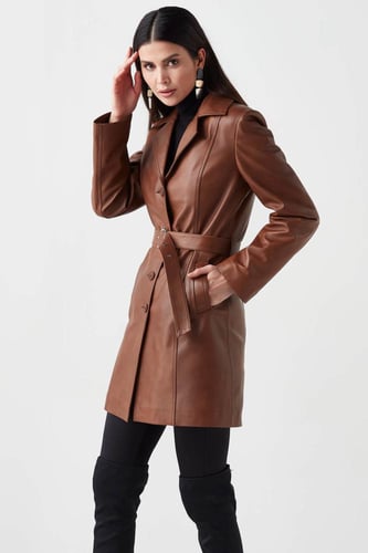 معطف واق من المطر للنساء من الجلد الطبيعي بحزام من...