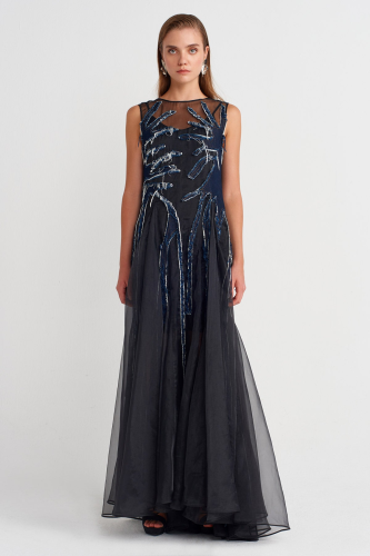 فستان شيفون حريري - أسود دنيم - إطلالة عصرية رومان...