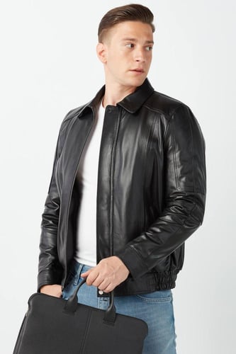 معطف جلد طبيعي أسود من DERIZA - أصلي