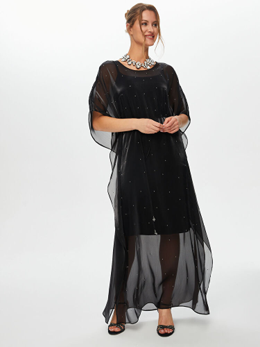 فستان سهرة طويل أورجانزا بحزام فصوص لامعة - لإطلال...