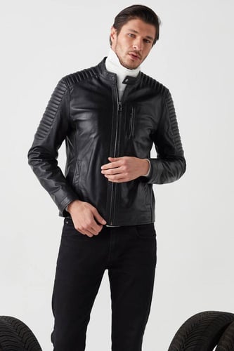 سترة سوداء من الجلد الطبيعي للرجال من DERIZA - أصل...