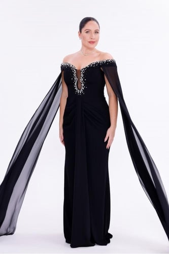 فستان سهرة كريب بفيونكات - إطلالة حورية البحر السا...