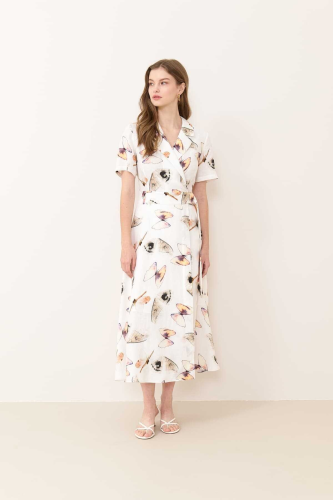 فستان كتان متوسط الطول مزدوج الصدر - لون قياسي - إ...