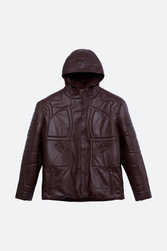 جاكيت جلدي - كستنائي قديم - غطاء رأس وسحاب خامة جل...