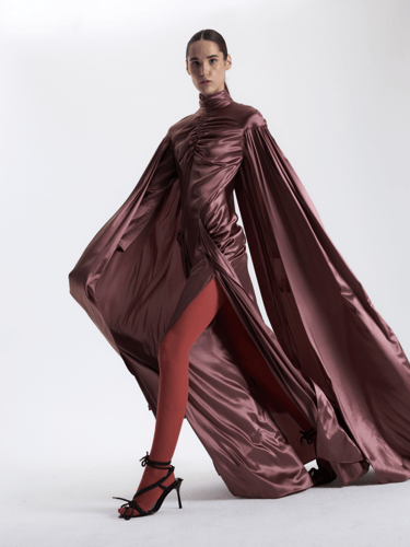 فستان سهرة حريري درابيه بياقة عالية - موف برونزي -...