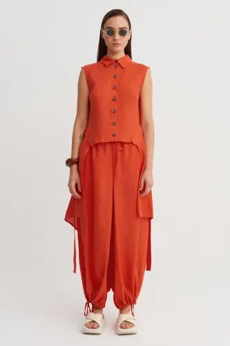 قميص حريمي بدون أكمام بتصميم غير متماثل - برتقالي...