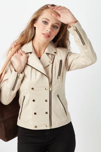 معطف نسائي من الجلد الطبيعي باللون البيج من DERIZA...