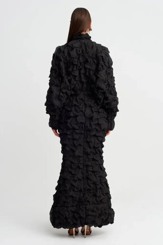 فستان طويل أسود بملمس ثلاثي الأبعاد وسحاب أمامي -...