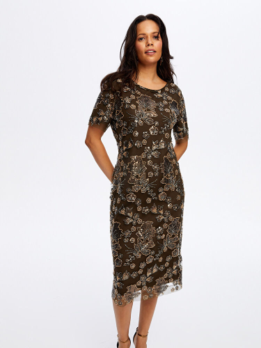 فستان سهرة كاكي بنقشة زهور مطرز بالخرز والترتر - ل...