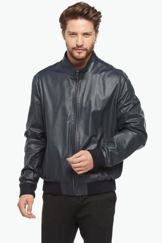 معطف جلدي ذو وجهين على طراز الكلية باللون الأزرق ا...