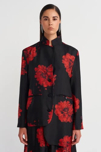 جاكيت حريمي بنقشة زهور غير متماثلة - أسود بنقشة حم...