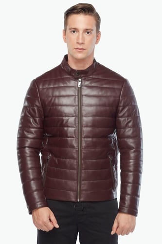 معطف جلد طبيعي منتفخ للرجال باللون الأسود من DERIZ...