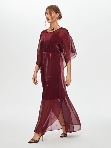 فستان سهرة عنابي أورجانزا طويل بتفاصيل كريستالية و...