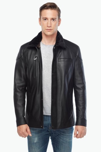 معطف جلد طبيعي من الفرو الأسود من DERIZA -أصلي