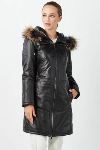 معطف جلد طبيعي مقنع للمرأة من DERIZA - أصلي