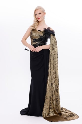 فستان سهرة مخمل وكريب - أناقة المناسبات الراقية -...