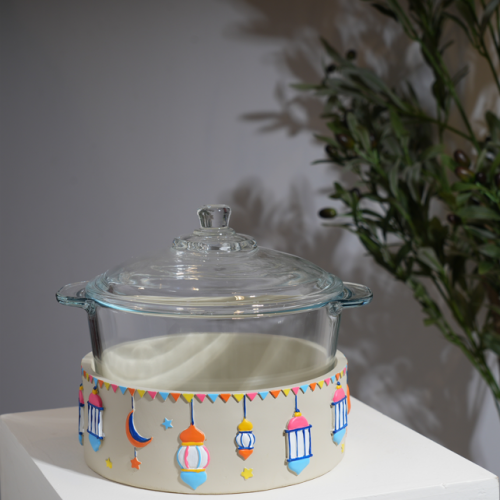 وعاء تقديم شوربة زجاجي - بيج ومنقوش - لتقديم الشور...