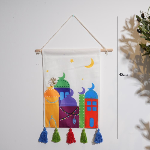 تعليقة جدارية قماشية - تصميم تراثي ملون بشراشيب -...