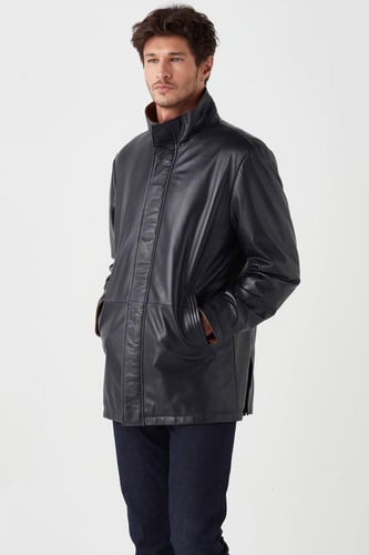 معطف جلد طبيعي للرجال باللون الأزرق الداكن من DERI...