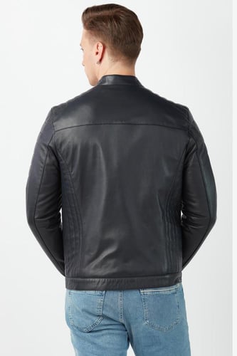 سترة من الجلد الطبيعي باللون الأزرق الداكن من DERI...