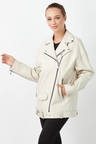 معطف نسائي من الجلد الطبيعي باللون البيج كبير الحج...