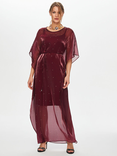 فستان سهرة عنابي أورجانزا طويل بتفاصيل كريستالية و...