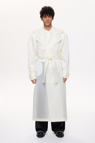 معطف ترنش طويل بأكمام طويلة أبيض – أنيق ومريح – حز...