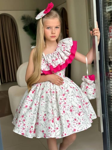 فستان انابيل الفوشي + حقيبة + مشبك شعر