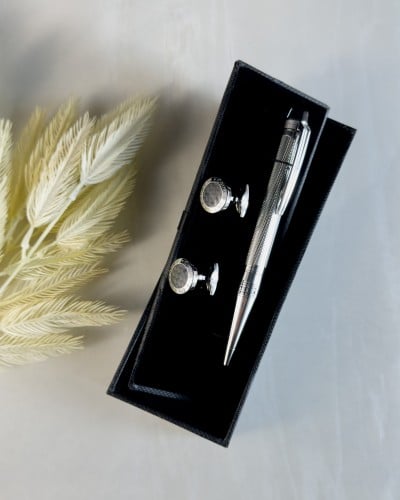 طقم قلم و كبك رجالي كارمن كلاين ستيل بلون فضي