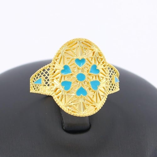 خاتم ذهب قلوب بلون فيروزي عيار 21