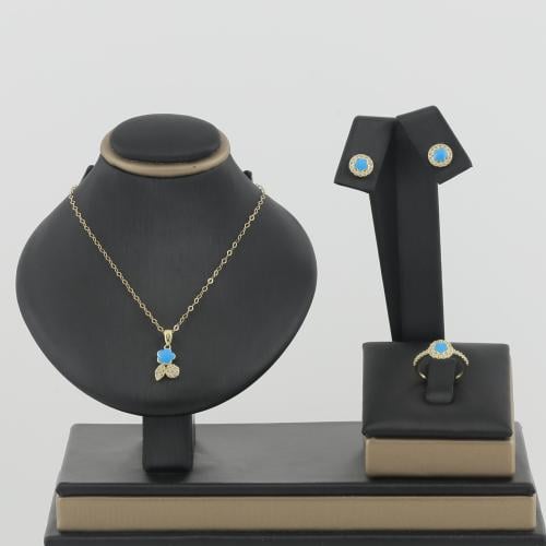 طقم ذهب اطفال زهرة زرقاء مع ورق الزهرة زركون ابيض...