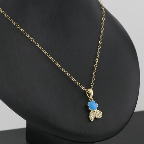 طقم ذهب اطفال زهرة زرقاء مع ورق الزهرة زركون ابيض...