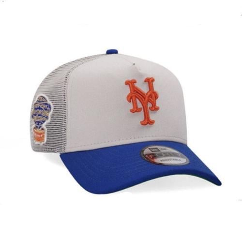 كاب نيو ايرا قماش أبيض - أزرق بتطريز برتقالي