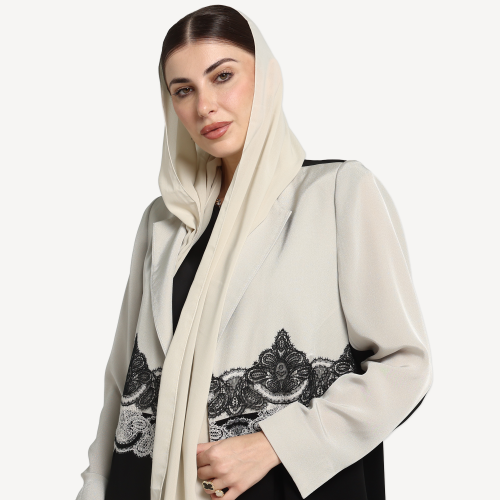 AB0070 - عباية بليزر بيج و اسود دانتيل