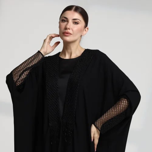 AB0053 – عباية نص بشت مع فستان كم شبك