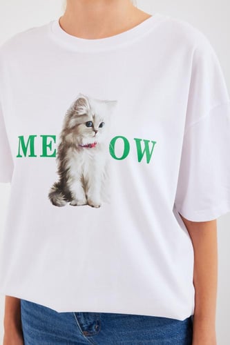 تيشيرت نسائي بطبعة قطة MEOW - صناعة تركية - BIG113...