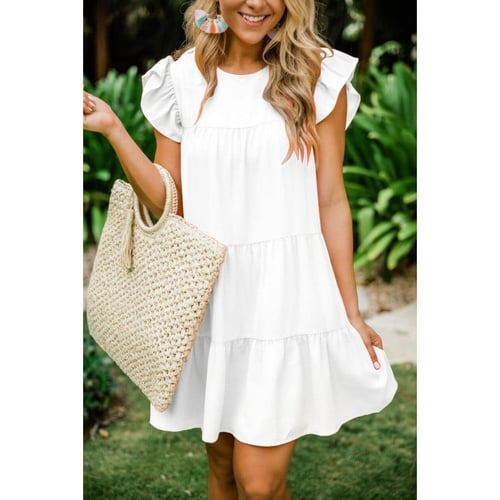 فستان ابيض قصير رقبة دائرية بدون أكمام مناسب للبس...