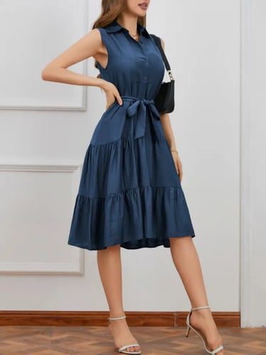 فستان نسائي متوسط ​​الطول بدون كم بطبقات منسوجة مع...